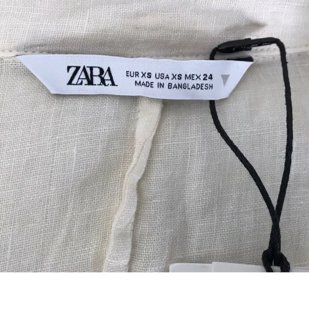 Zara Romper Size XS Tied 100% Linen Oyster White Long Sleeve V-Neck Jumpsuit